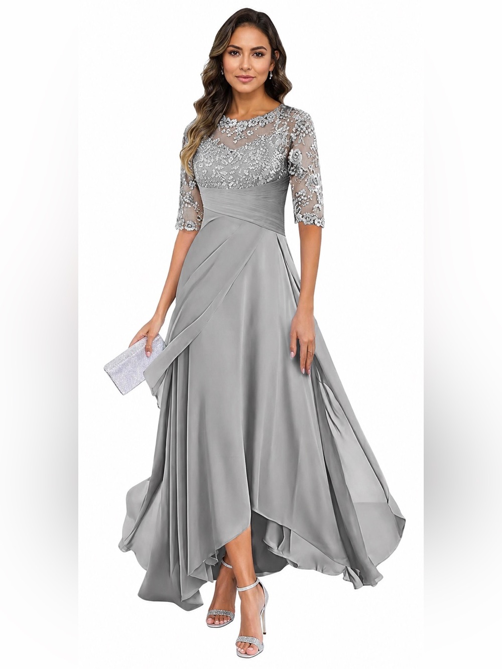 Silver Gray Chiffon Lace Appliqué Tea Length Formal Wedding Guest Gown Size 4